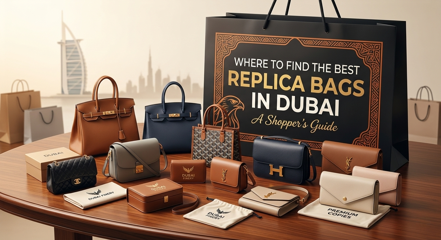 A curated display of premium replica bags in Dubai arranged on a wooden table, featuring a shopping guide sign with the Dubai skyline in the background.