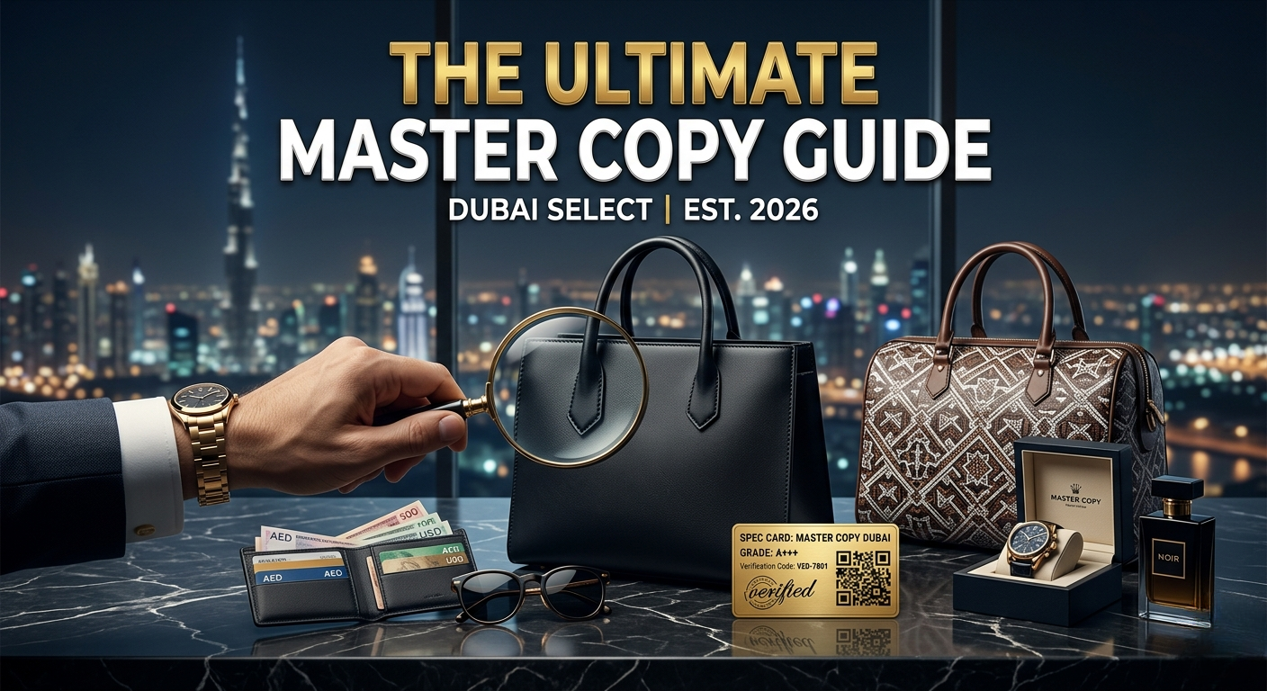 A detailed photograph of a luxurious product display set against a blurred night skyline of Dubai with the Burj Khalifa. A large banner at the top reads: THE ULTIMATE MASTER COPY GUIDE, DUBAI SELECT | EST. 2026. On a marble surface, a man's hand with a gold watch holds a magnifying glass over a black leather tote bag. Below are an open wallet with mixed currencies (AED, USD) and credit cards, and sunglasses.