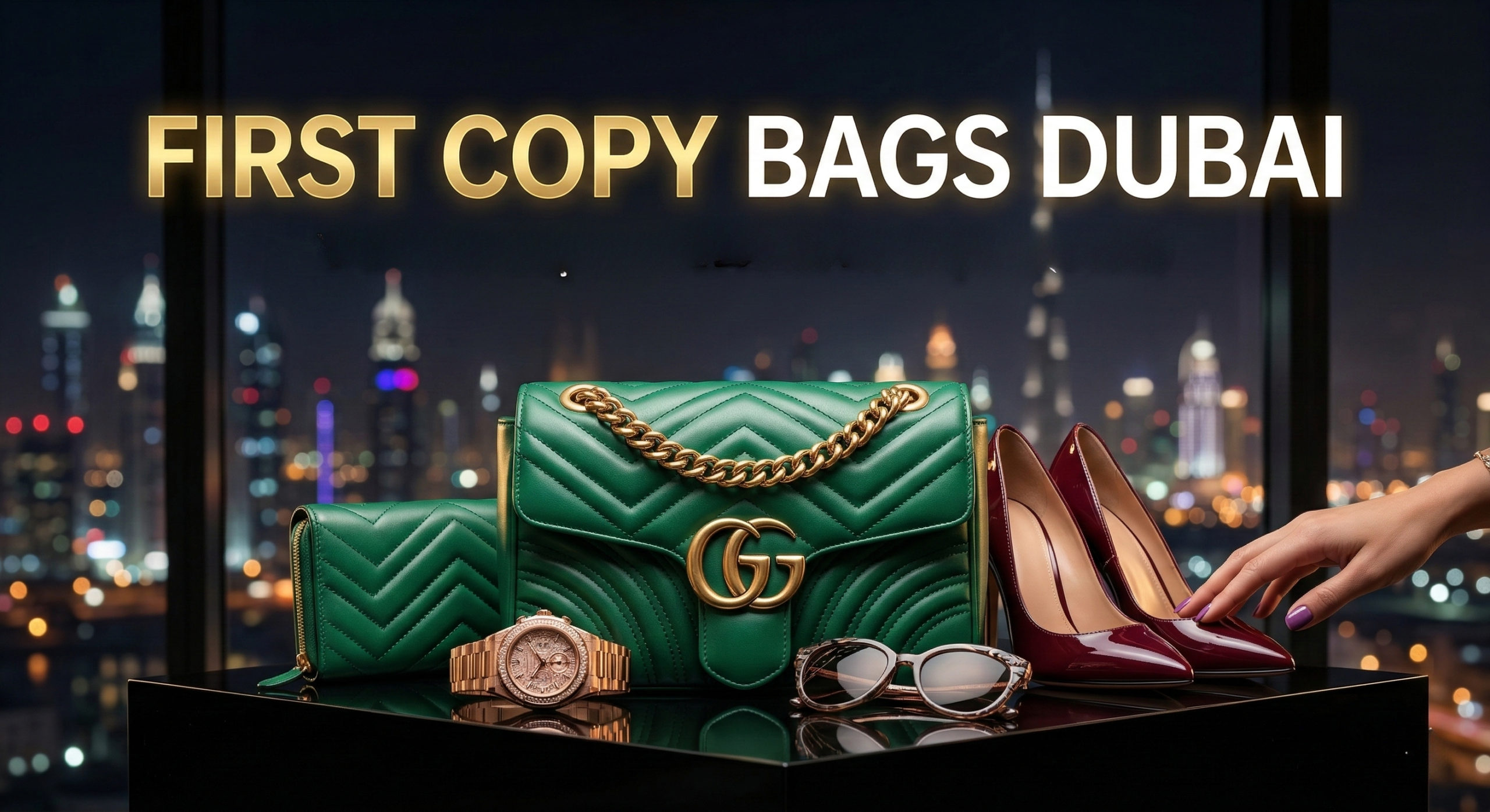 A row of premium 1:1 mirror quality master copy leather handbags in a Dubai shopping boutique, showcasing high-end craftsmanship and luxury design details for first copy bag shoppers.
