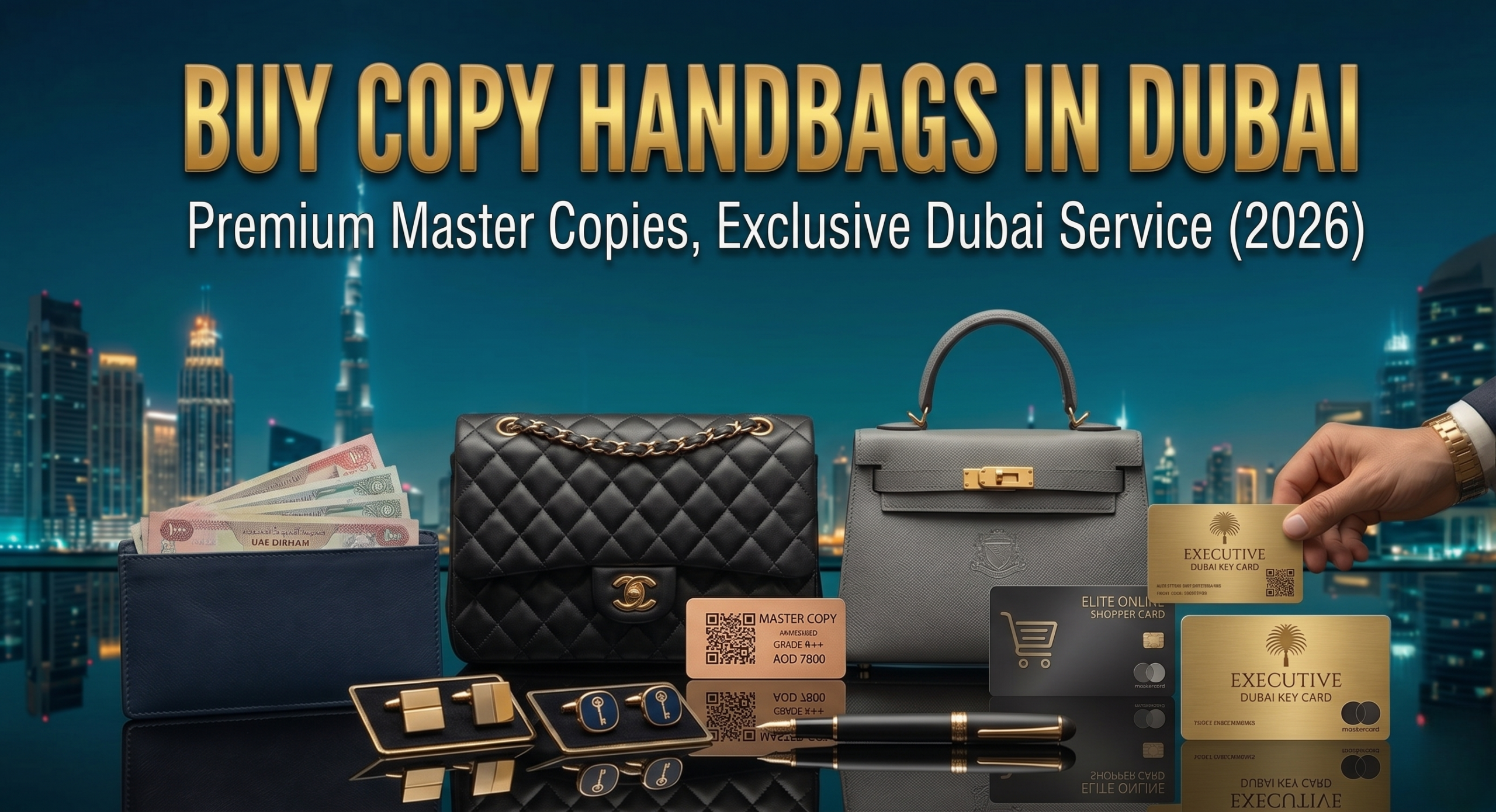A promotional image featuring the prominent gold text "BUY COPY HANDBAGS IN DUBAI" with the subtext "Premium Master Copies, Exclusive Dubai Service (2026)" against a backdrop of the illuminated Dubai skyline at night. Displayed on a highly reflective black surface are luxury items including a blue leather wallet holding UAE Dirham notes, a black quilted chain handbag, a grey structured top-handle handbag, gold authentication tags, a black and gold pen, and two boxed sets of cufflinks. On the right, a hand wearing a gold watch holds a gold "Executive" card next to a black "Elite Online Shopper" card.