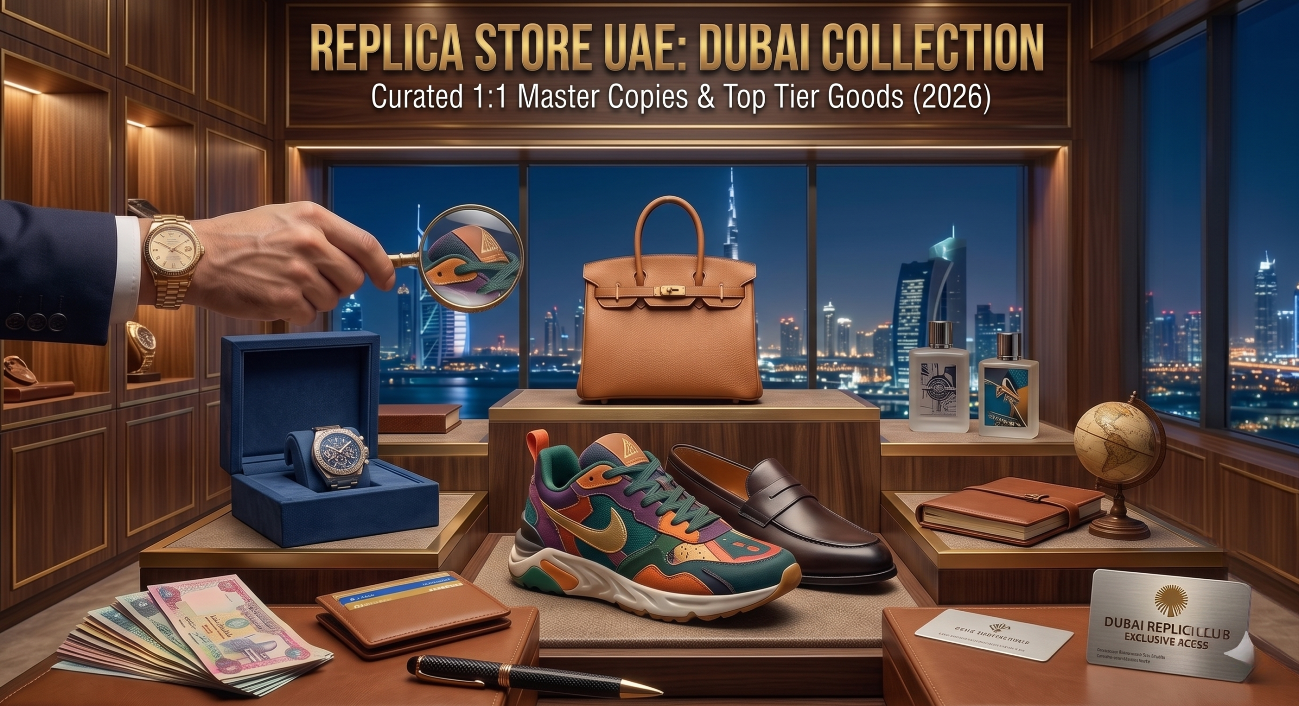 A view inside a sophisticated replica store in Dubai, with a curated arrangement of premium replica luxury handbags and watches on display, overlooking a marina and yachts at dusk.