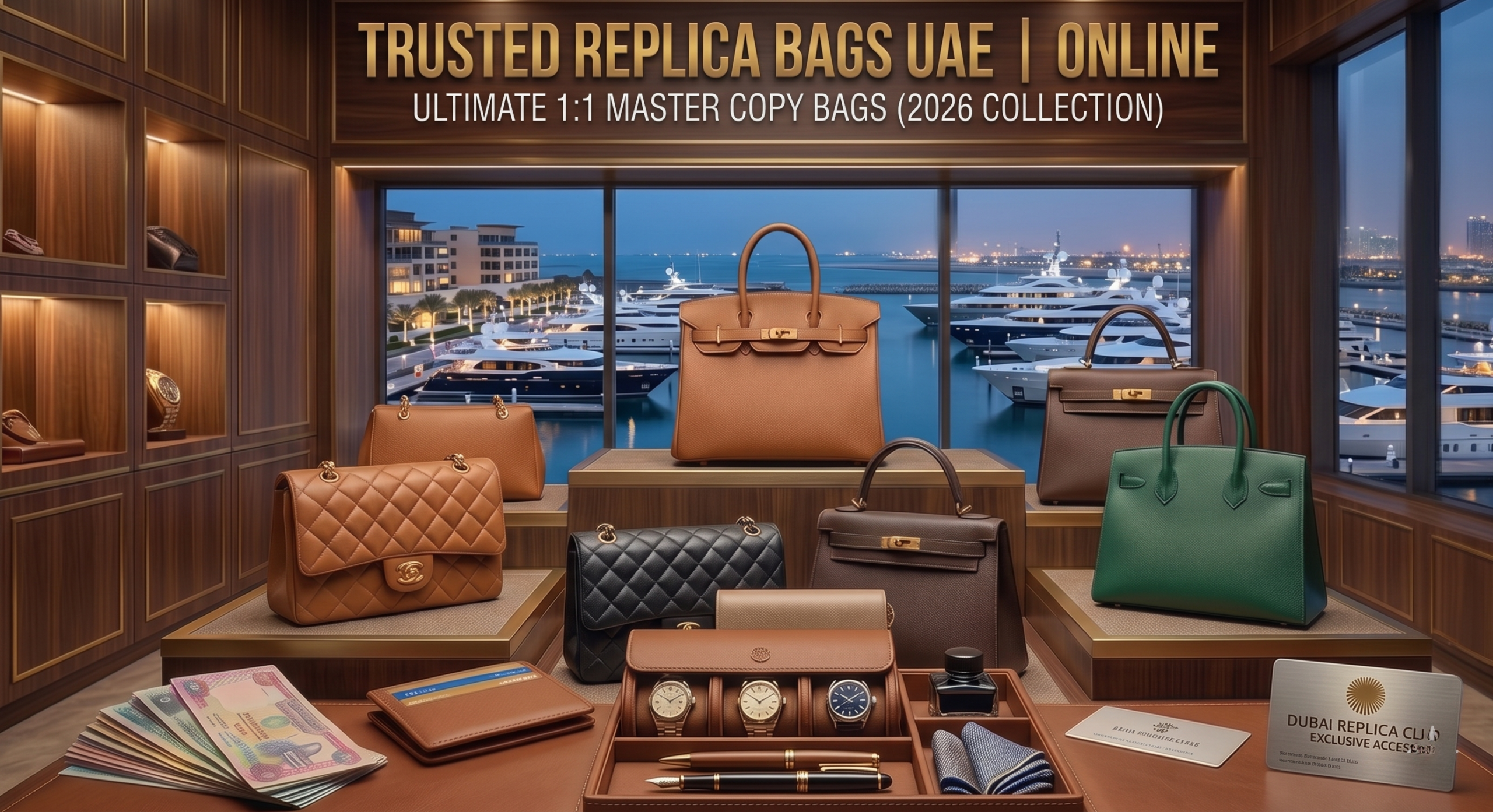 A professional product layout featuring a wide selection of high-quality replica handbags and luxury accessories with a fanned stack of UAE dirhams and an "EXCLUSIVE ACCESS" plaque, illustrating trusted replica bags online in the UAE.