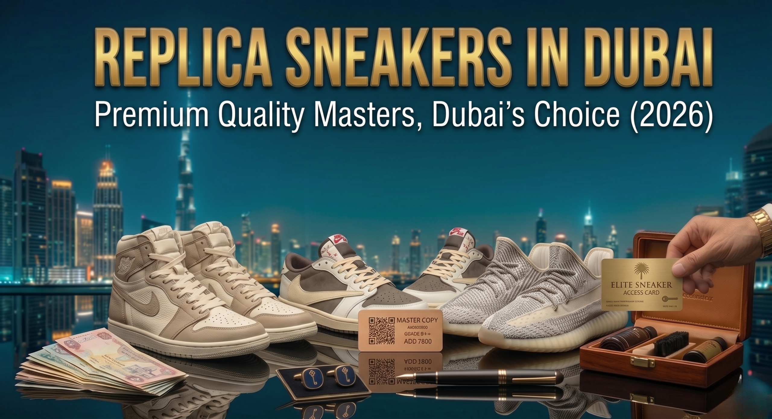 A promotional banner advertisement against a nighttime Dubai cityscape background with the illuminated Burj Khalifa. Large gold text at the top reads: "REPLICA SNEAKERS IN DUBAI", with a smaller white subtitle below stating: "Premium Quality Masters, Dubai's Choice (2026)". Arranged on a reflective black surface in the foreground are four pairs of highly detailed replica sneakers (style resembling Air Jordan High, Travis Scott Lows, and Yeezy 350). Scattered around the shoes are various luxury accessories including a fanned stack of UAE Dirham currency notes, golden authenticity tags with QR codes, two pairs of cufflinks, a fountain pen, a leather-cased shoe cleaning kit, and a golden card held by a hand with a gold watch.