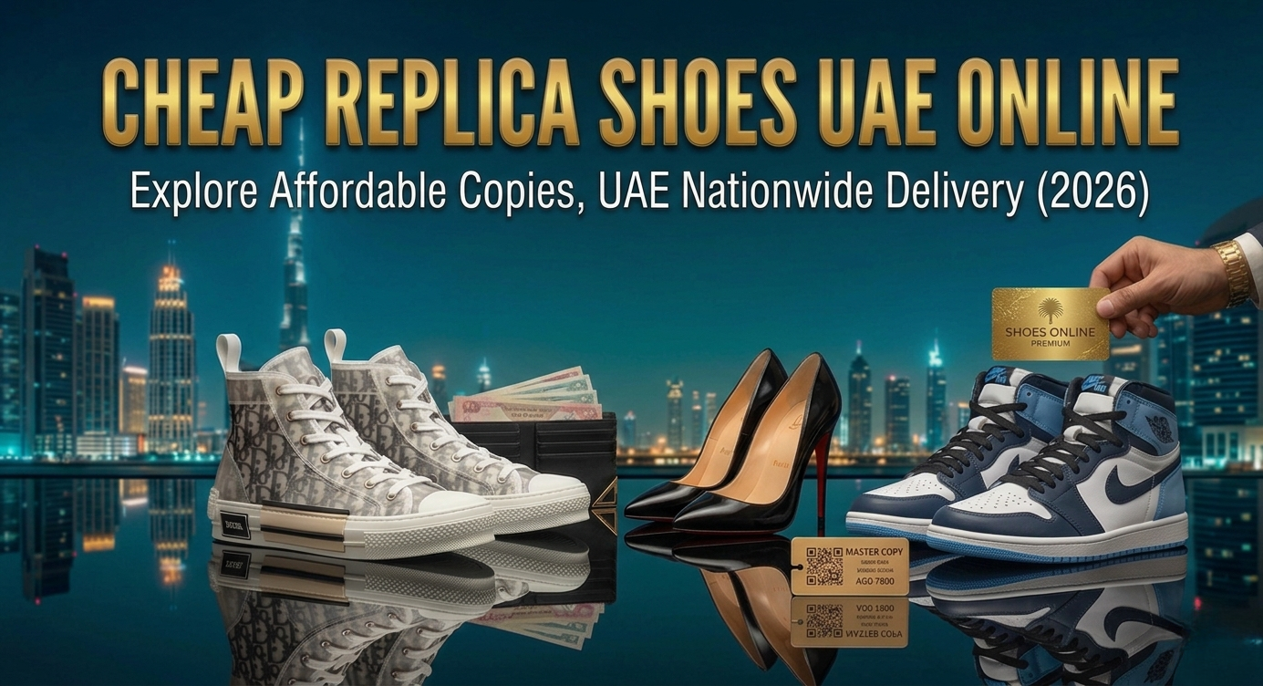 A promotional banner against a night-time Dubai skyline. Large, bold, gold text at the top reads: "CHEAP REPLICA SHOES UAE ONLINE". A smaller white subtitle below says: "Explore Affordable Copies, UAE Nationwide Delivery (2026)". On a highly reflective surface, mirroring the city lights, are three types of replica shoes: a pair of patterned grey high-top sneakers, a single black patent high-heeled pump, and a pair of blue and white high-top basketball sneakers. Behind the sneakers is a stack of UAE Dirham (AED) banknotes. On the right, a man’s hand wearing a gold watch holds a gold card labeled "SHOES ONLINE PREMIUM." A small gold tag with a QR code and "MASTER COPY" text is near the high heels and basketball shoes. The background features the Burj Khalifa and other illuminated skyscrapers.