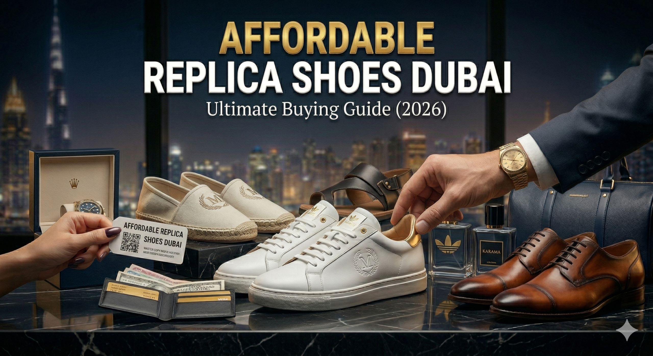 A cinematic photograph set against a blurred night skyline of Dubai featuring the Burj Khalifa. Bold gold and white text at the top reads "AFFORDABLE REPLICA SHOES DUBAI" with a subheading "Ultimate Buying Guide (2026)". On a sleek black marble counter, a diverse collection of replica footwear is displayed, including white leather sneakers, brown leather dress shoes, canvas espadrilles, and dark sandals.