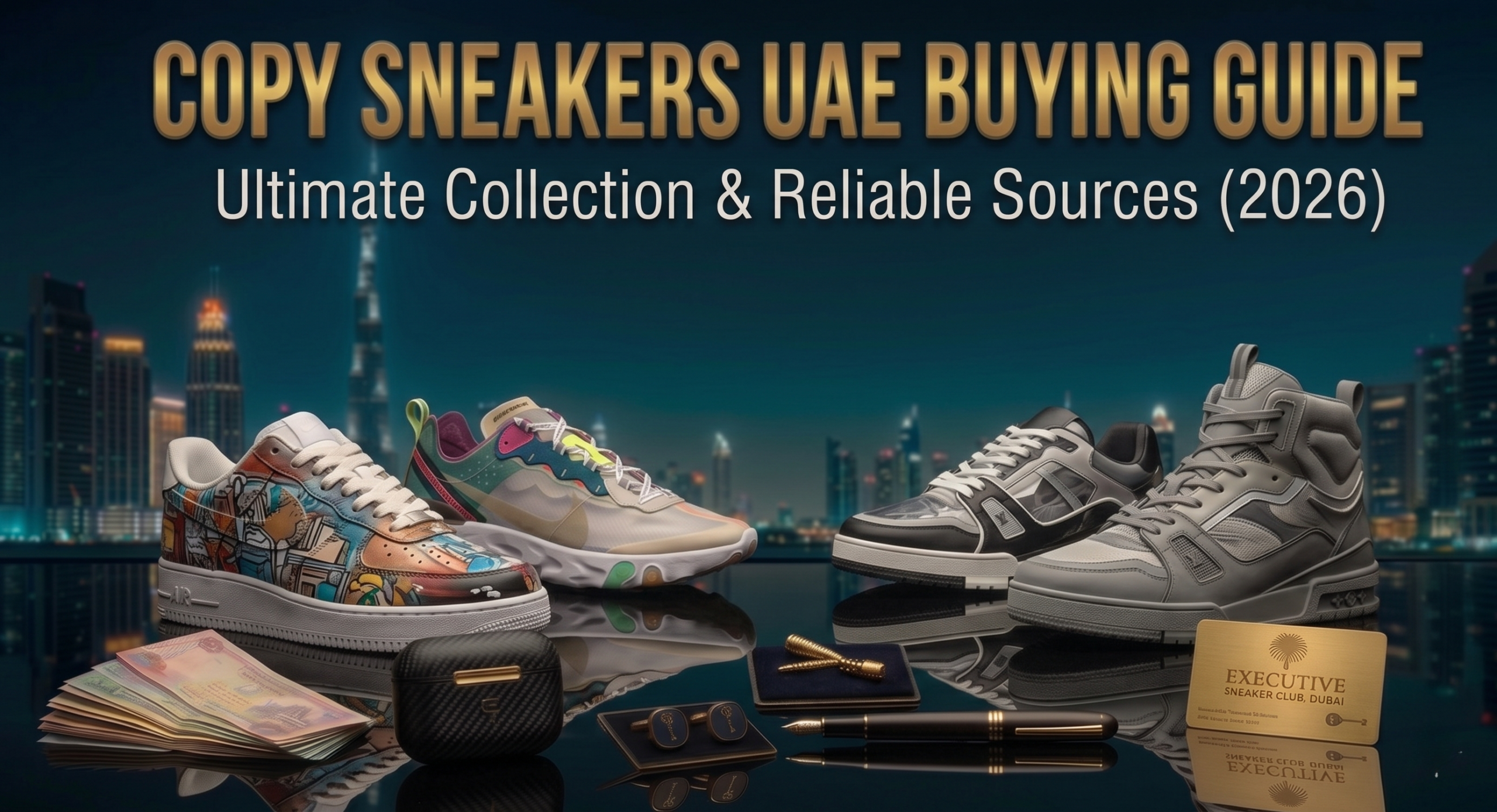 A premium composite photograph on a reflective black surface against a Dubai night skyline including the Burj Khalifa. Gold text at the top reads "COPY SNEAKERS UAE BUYING GUIDE" and white text below states "Ultimate Collection & Reliable Sources (2026)". On the surface, from left to right: a fanned stack of UAE Dirham notes, a detailed carbon-fiber wireless earbud case (New Object 1), three pairs of replica-style sneakers (Yeezy-style, Dior-patterned, Travis Scott-style), a man's hand with a gold watch holding a "Executive Sneaker Club" member card, an open wooden shoe care box, and a detailed gold and sapphire-encrusted sneaker aglet on a velvet plinth (New Object 2) near a pen reflection. Complex reflections of all items, including the original gold card with QR code, are visible on the surface.