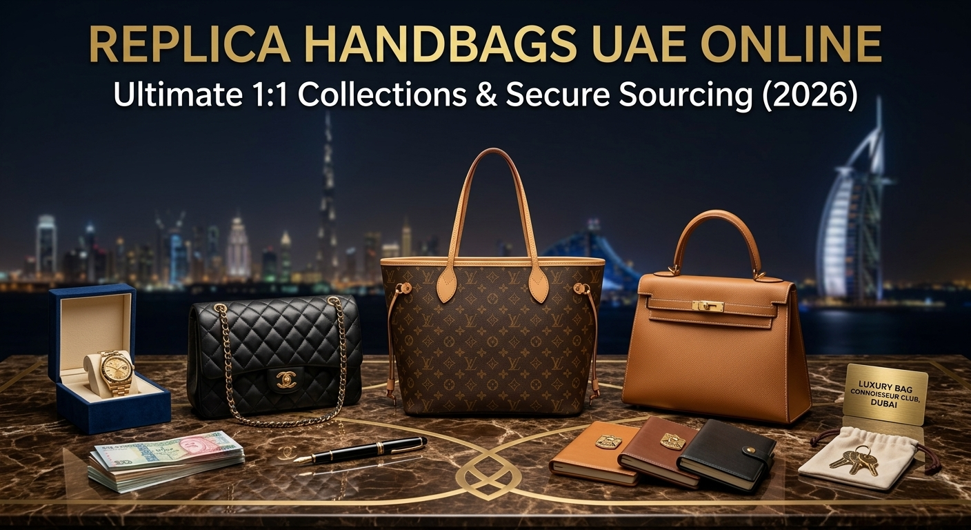 A luxury product showcase against the blurred night skyline of Dubai, featuring prominent landmarks like the Burj Khalifa and Burj Al Arab. At the top of the image, bold gold and white text reads: "REPLICA HANDBAGS UAE ONLINE" and below it, "Ultimate 1:1 Collections & Secure Sourcing (2026)". On an ornate marble table with gold inlay patterns, three replica designer handbags are centrally displayed: a black quilted crossbody bag, a large brown monogram tote, and a tan structured top-handle bag. Arranged around the bags are various other high-end accessories, including an open blue box containing a gold luxury watch, a stack of currency (UAE Dirhams), a fountain pen, leather notebooks with crests, a gold plaque that reads "LUXURY BAG CONNOISSEUR CLUB, DUBAI", and a small pouch with keys. buy replica Handbags UAE Online