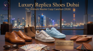 A minimal and elegant display of premium 'luxury replica' dress shoes and sneakers on individual glass and brushed gold stands in a sophisticated Dubai showroom.