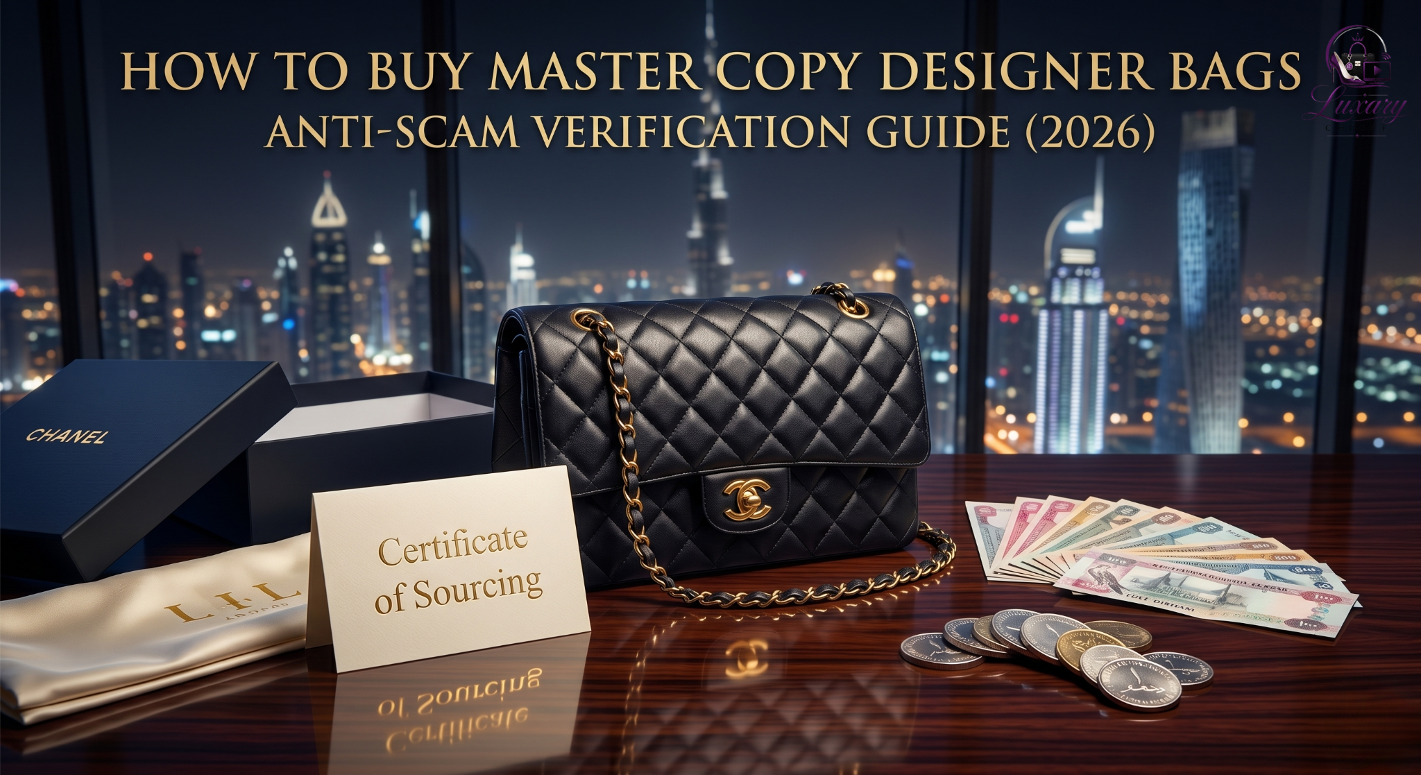 Woman examining a master copy designer bag in UAE – checking receipt, seller rating, and return policy on phone
