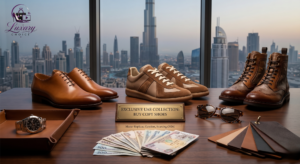 A bustling UAE shoe souq with numerous stalls displaying many different styles of affordable 'copy shoes' under colorful, covered awnings. This is guide to buy copy shoes