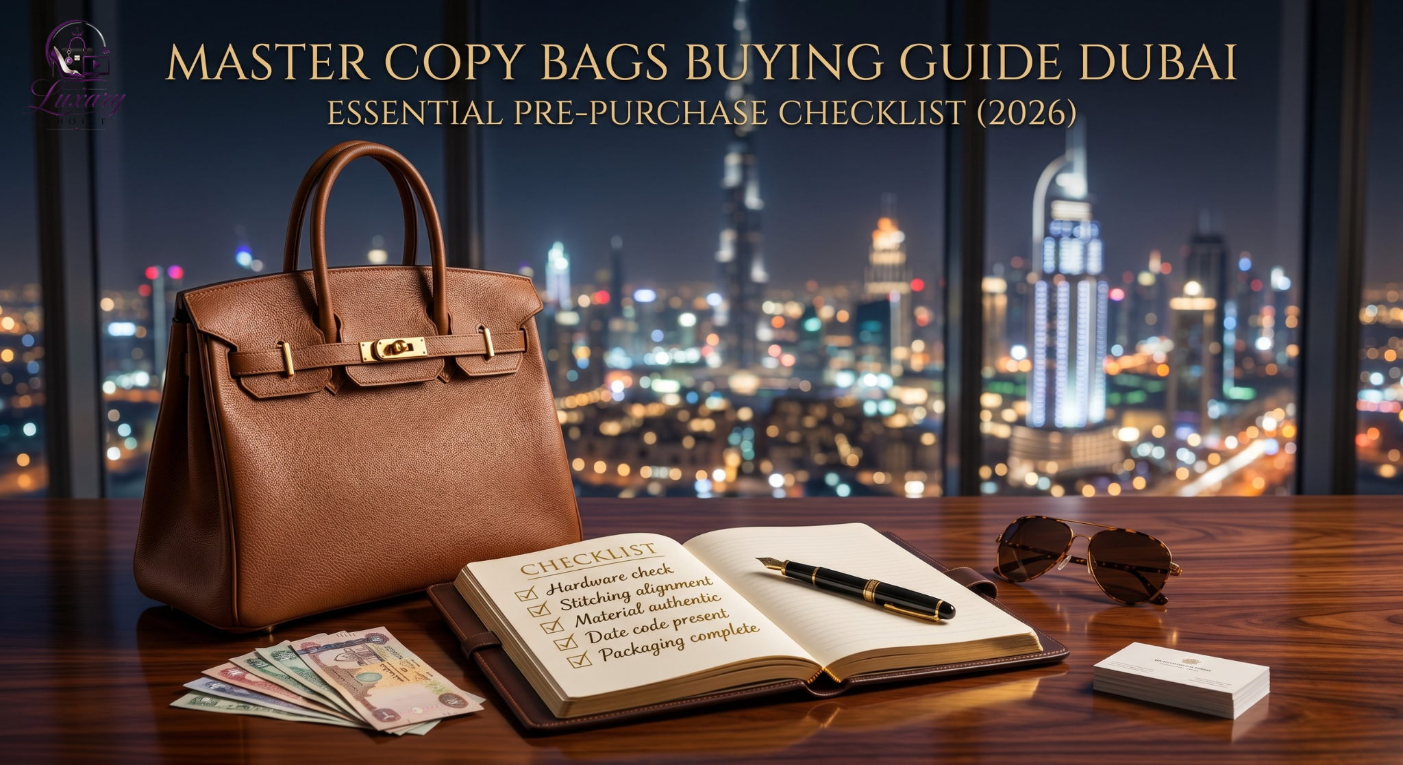 master copy bags buying guide infographic – "Dubai Master Copy Guide: 5 things to check before buying" showing leather test, hardware, and seller reputation