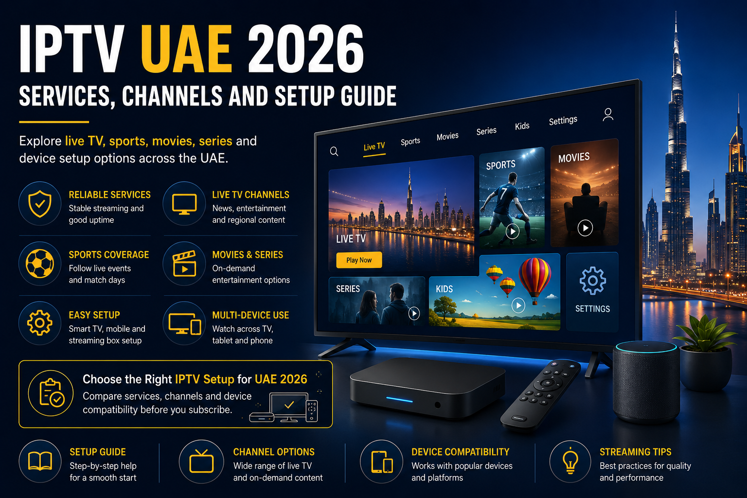 IPTV UAE 2026 services, channels and setup guide banner showing a smart TV with live TV, sports, movies, series, kids and settings options, alongside Dubai skyline, IPTV box, remote, and icons for reliable service, live channels, sports coverage, movies, easy setup, multi-device use, device compatibility and streaming tips.