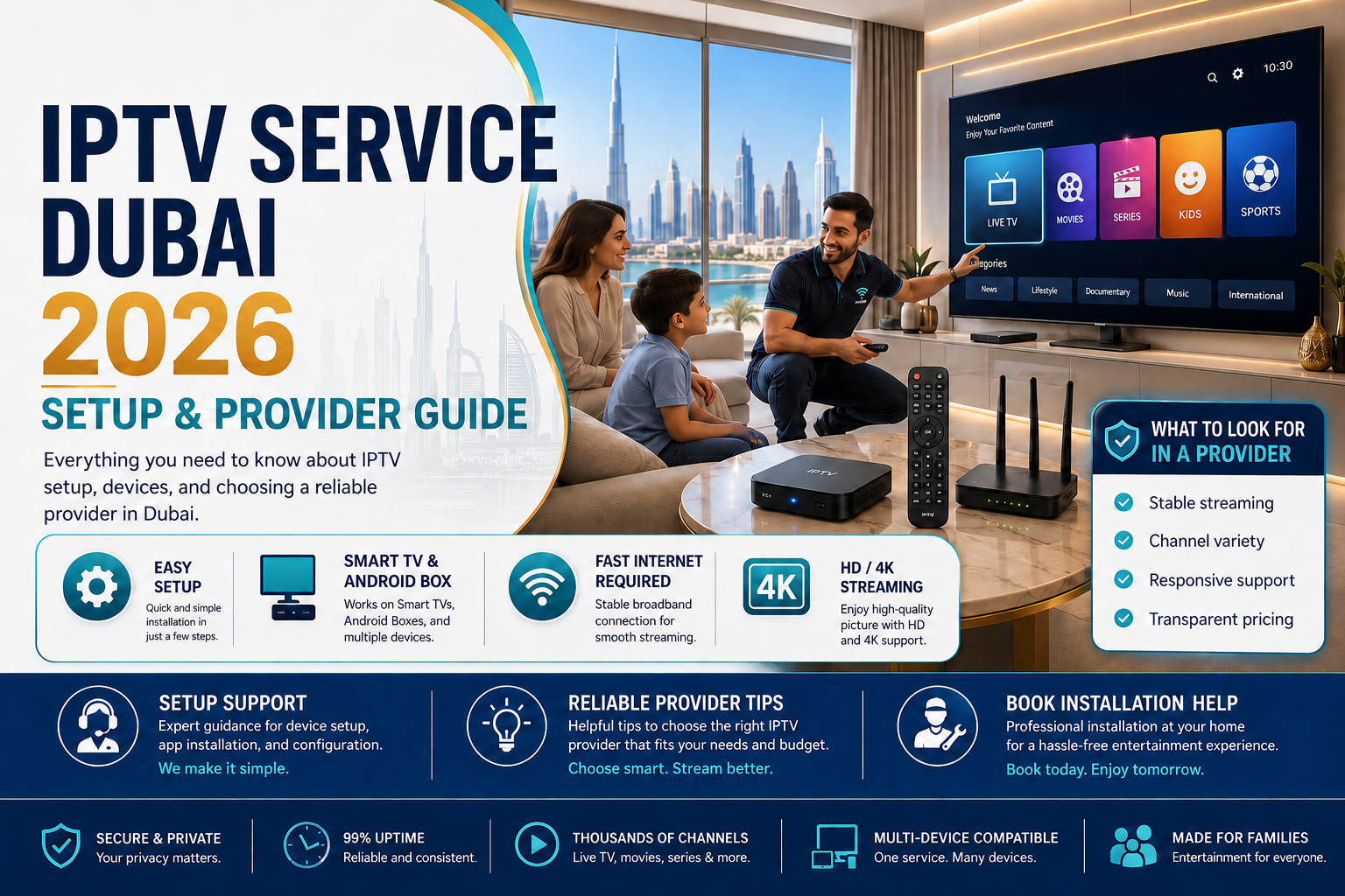 IPTV service Dubai 2026 guide showing smart TV setup, IPTV box, Wi-Fi router, family entertainment, 4K streaming, and provider selection tips.