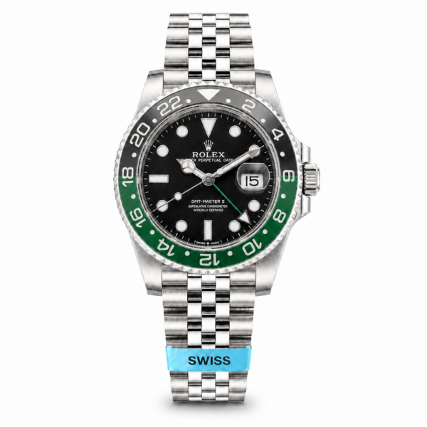 hop the Rolex GMT-Master II Sprite with distinctive green-and-black bezel, black dial, left-side crown and iconic GMT travel-watch styling.