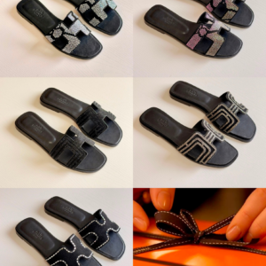 Authentic Black Hermès Oran strass crystal sandals featuring the iconic H cutout strap adorned with sparkling rhinestones.
