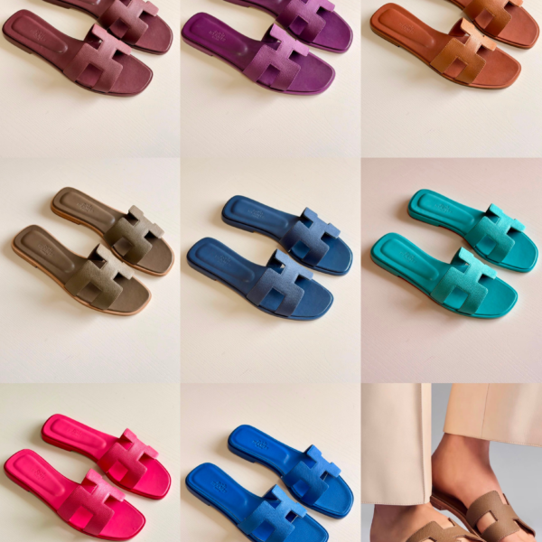 Authentic Multicolor Hermès Oran suede leather sandals Authentic Multicolor Hermès Oran suede leather sandals featuring the iconic H cutout strap in a rich, soft matte finish.