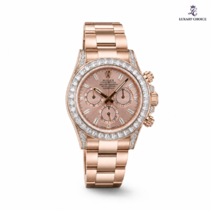Shop the Rolex Daytona Pink Sundust with its warm metallic dial, iconic chronograph styling and refined luxury racing-watch character.