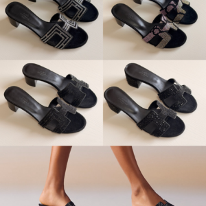 Authentic Black Hermès Oasis strass block heel sandals featuring the iconic H cutout strap adorned with sparkling rhinestones.