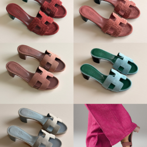 Close-up of the Hermès Oasis suede leather block heel sandals showcasing the flawless artisan stitching and plush velvet-like texture.