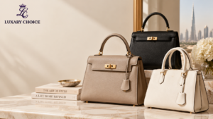 Premium featured image showing three elegant luxury-style handbags in beige, black, and cream on a marble surface with a refined Dubai-inspired background for the blog “Super Master Copy Bags: Quality Claims & Differences Explained”