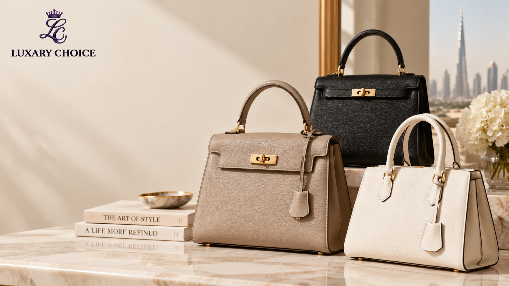 Premium featured image showing three elegant luxury-style handbags in beige, black, and cream on a marble surface with a refined Dubai-inspired background for the blog “Super Master Copy Bags: Quality Claims & Differences Explained”