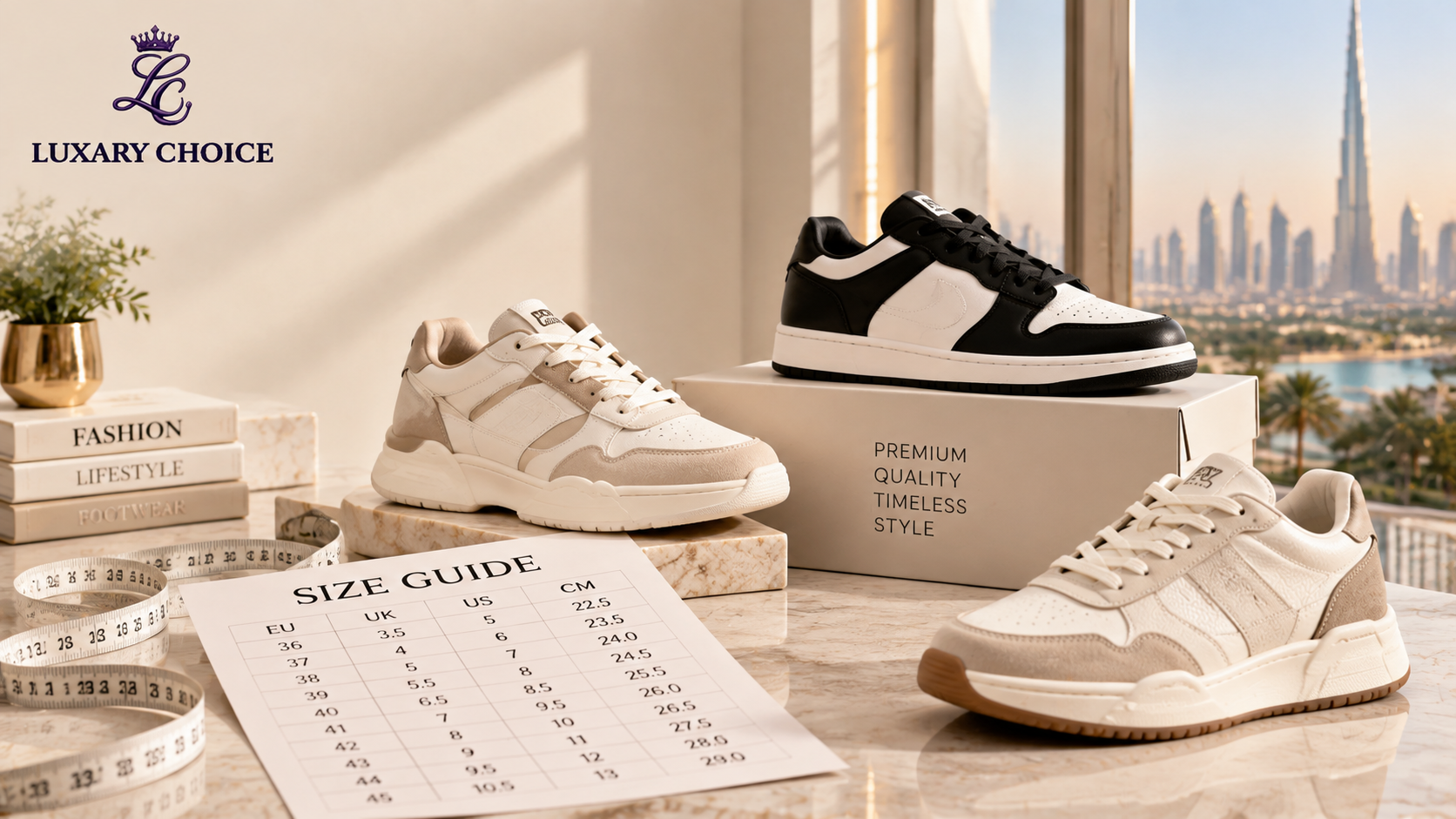 Luxury editorial image featuring replica shoes, footwear size guide chart, measuring tape, and premium sneakers with Dubai-inspired background for the blog “Replica Shoes Size Guide UAE: Find the Right Fit Online”
