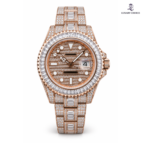Rolex GMT-Master II AMG Rose Gold Baguette Iced-Out clear pavé watch