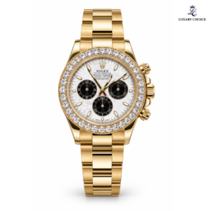 Rolex Daytona Yellow Gold White Panda diamond bezel luxury chronograph