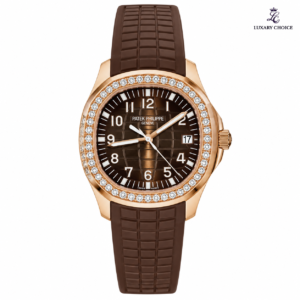 Patek Philippe Aquanaut Luce Rose Gold Diamond Bezel brown strap watch