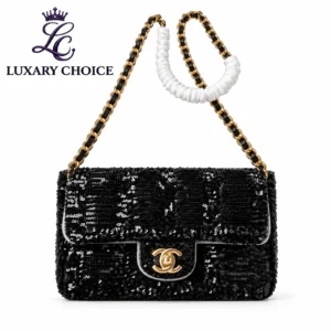 Chanel Classic Flap Black Sequin Bag with Gold Hardware