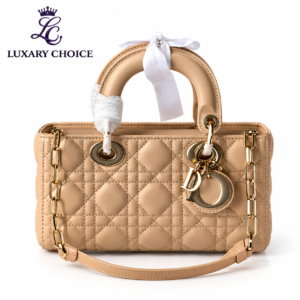 Mini Lady Dior bag 17 cm, beige Cannage leather with gold